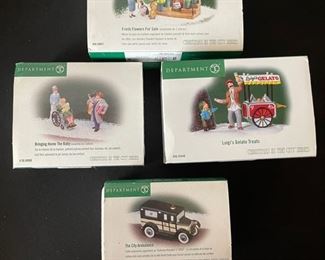 4pc Dept. 56 Christmas in the City figurines. Bringing home the baby, The city ambulance, Luigis gelato treats, fresh flowers for sale
