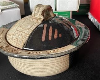 Glazed lidded clay pot signed Dana 6.5in H x 9in Diameter