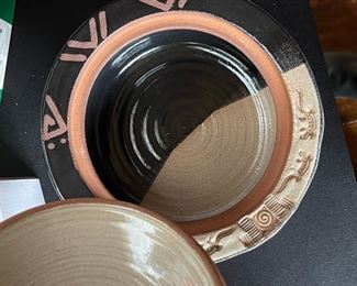 Glazed lidded clay pot signed Dana 6.5in H x 9in Diameter