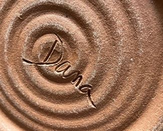 Glazed lidded clay pot signed Dana 6.5in H x 9in Diameter