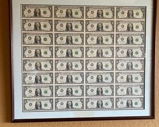 Uncut Sheet of 32 US 1995 $1 One Dollar Bill Fed Reserve Note Framed Frame: 25 x 29in