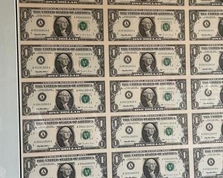 Uncut Sheet of 32 US 1995 $1 One Dollar Bill Fed Reserve Note Framed Frame: 25 x 29in