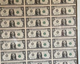 Uncut Sheet of 32 US 1995 $1 One Dollar Bill Fed Reserve Note Framed Frame: 25 x 29in