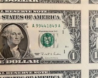 Uncut Sheet of 32 US 1995 $1 One Dollar Bill Fed Reserve Note Framed Frame: 25 x 29in