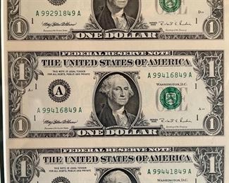 Uncut Sheet of 32 US 1995 $1 One Dollar Bill Fed Reserve Note Framed Frame: 25 x 29in