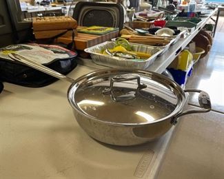 All-Clad D5 Stainless Steel 4QT Sauté Pan with Lid 11.5 inches diameter 3.5 inches deep from handle to handle 22 inches