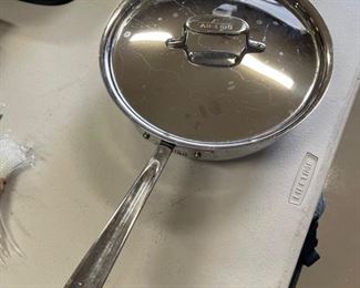 All-Clad D5 Stainless Steel 4QT Sauté Pan with Lid 11.5 inches diameter 3.5 inches deep from handle to handle 22 inches