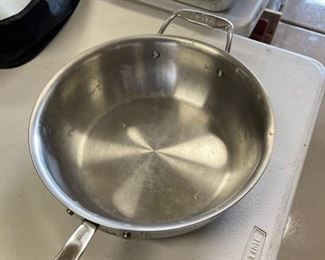 All-Clad D5 Stainless Steel 4QT Sauté Pan with Lid 11.5 inches diameter 3.5 inches deep from handle to handle 22 inches