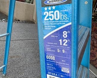 Werner 8 foot ladder maximum reach 12 feet 250 pounds Model 6008 250 pounds load capacity ladder size 8 feet maximum reach 12 feet highest standing level 5’9”