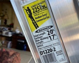Werner extension ladder total length sections 20 feet Max working length 17 feet 225 pound capacity Model D1220–2 Total lane sections 20 feet max working length 17 feet highest standing level 13‘1“