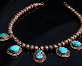 Vintage Navajo Silver Bench Bead & Turquoise Necklace Choker Native American 16in Long Center-stone: 33x21mm