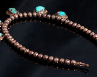 Vintage Navajo Silver Bench Bead & Turquoise Necklace Choker Native American 16in Long Center-stone: 33x21mm