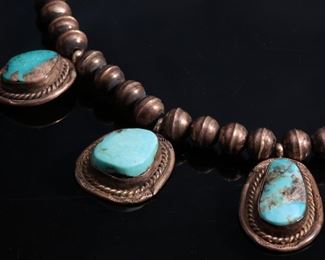 Vintage Navajo Silver Bench Bead & Turquoise Necklace Choker Native American 16in Long Center-stone: 33x21mm
