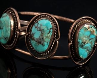 Vintage Navajo Silver & 3 Stone Turquoise Cuff Bracelet Native American Size: 6.25in Center-stone: 23x14mm