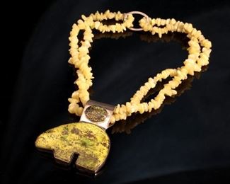 Judi Yates Southwest Sterling Silver & Stone Bear Necklace Double Strand Choker J. Length: 17in Centerpiece: 43x66mm