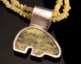 Judi Yates Southwest Sterling Silver & Stone Bear Necklace Double Strand Choker J. Length: 17in Centerpiece: 43x66mm