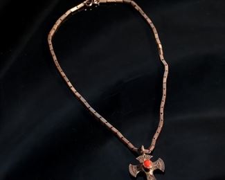 Navajo Ronnie Willie Sterling Silver Necklace Coral Cross Pendant Native American Length: 18in Cross: 42x26mm
