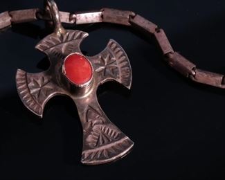 Navajo Ronnie Willie Sterling Silver Necklace Coral Cross Pendant Native American Length: 18in Cross: 42x26mm