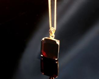 14k Gold Necklace & Emerald Cut Red Garnet Pendant 17.5in Long Pendant: 13x10.5mm