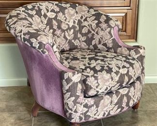 Purple Floral Print Barrel Chair Nailhead	32 x 33 x 37in	HxWxD
