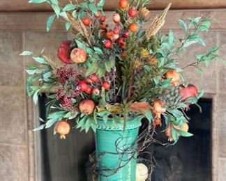 Signed Vietri Italy Faux Floral Pomegranate Decor Vase: 17in H x 8in Diameter