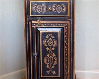 Hand Painted Slender Accent Cabinet Black & Gold 32 x 15.5 x 12.25 HxWxD
