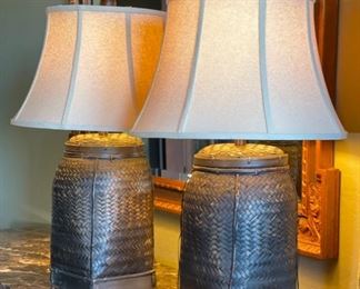 2pc Brown Basket Weave Table Lamps PAIR 30 x 18in diameter