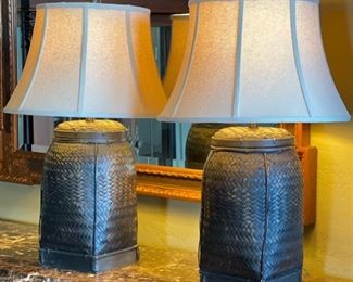 2pc Brown Basket Weave Table Lamps PAIR 30 x 18in diameter