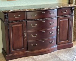 Thomasville Marble Top Dark Wood Sideboard Buffett 42 x 69 x 20in HxWxD