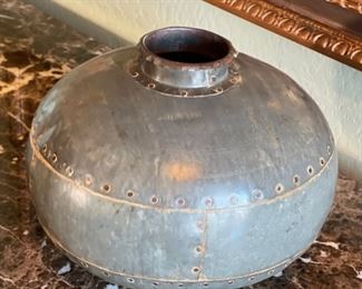 Rustic Riveted Metal Round Vase Pot Decor 11 x 13in diameter