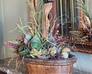 Rustic Wood Basket Faux Cactus Centerpiece Decor 23 x 21 x 14 HxWxD