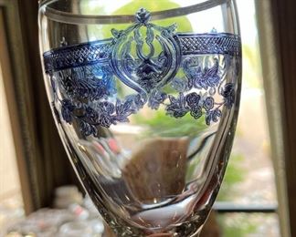 8pc Blue & Silver Rim Wine Glasses 8 x 3.25in diameter