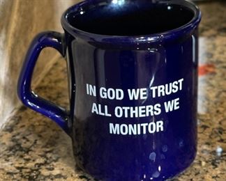 National Technical Investigators coffee Cup in God we trust all others we monitor 4in H x 3.25 in Diameter