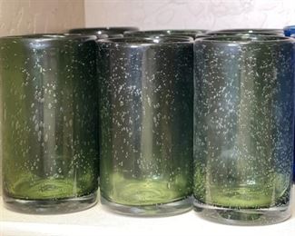 12pc Green Hand Blown Bubble Glass Cups Highball Drinking Glasses Drinkware 5.75in H x 3.25in diameter approximately