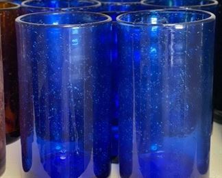 10pc Blue Hand Blown Bubble Glass Cups Highball Drinking Glasses Drinkware 5.75in H x 3.25in diameter approximately