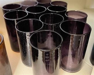 12pc Purple Hand Blown Bubble Glass Cups Highball Drinking Glasses Drinkware 5.75in H x 3.25in diameter approximately