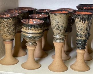 12pc Drip Glaze Stoneware Chalice Wine Goblet Studio Art Pottery Glasses Largest: 10in H x 3.75in diameter