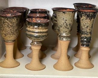 12pc Drip Glaze Stoneware Chalice Wine Goblet Studio Art Pottery Glasses Largest: 10in H x 3.75in diameter