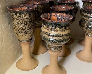 12pc Drip Glaze Stoneware Chalice Wine Goblet Studio Art Pottery Glasses Largest: 10in H x 3.75in diameter