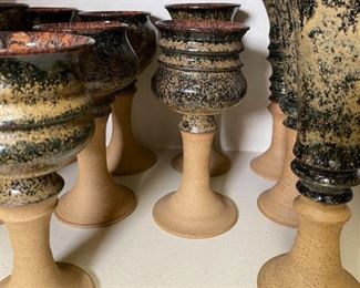 12pc Drip Glaze Stoneware Chalice Wine Goblet Studio Art Pottery Glasses Largest: 10in H x 3.75in diameter
