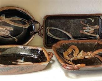 4pc Studio Art Pottery Earthenware Serving Platters Signed Largest: 2 x 11.5 x 12.5in