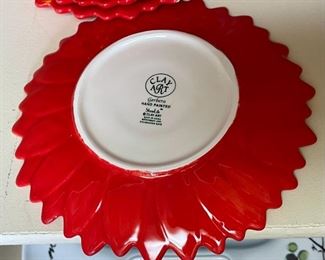 8pc Clay Art Gerbera Figural Floral Plates RED Daisy 8.25in Diameter
