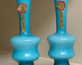 2pc Stelvia Opalina Fiorentina Italian Glass Vases Pair 6.5 in H