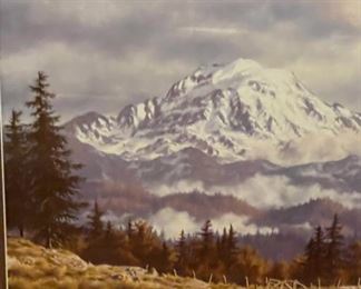 Original Oil Painting Mt. Rainier Randy Van Beek Art Vanbeek frame: 23 x 29.25 x 1.5 In Image: 13 x 20 in HxWxD