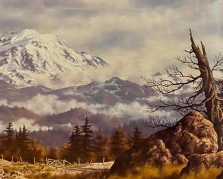 Original Oil Painting Mt. Rainier Randy Van Beek Art Vanbeek frame: 23 x 29.25 x 1.5 In Image: 13 x 20 in HxWxD