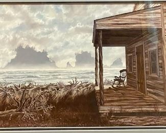 Original Oil Painting Ocean View Shack Randy Van Beek Art Vanbeek Frame: 21.25 x 28.25 x 1.5 In Image: 12.5 x 20 in HxWxD