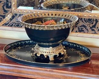 Heavy Bronze & Porcelain Centerpiece bowl w/ Tray Bowl: 10.75 x 16 in