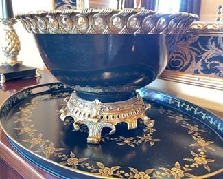 Heavy Bronze & Porcelain Centerpiece bowl w/ Tray Bowl: 10.75 x 16 in