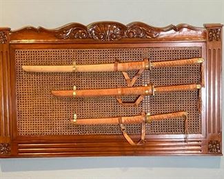 3 Samurai Swords on Display 28 x 48 x 1.5 in HxWxD