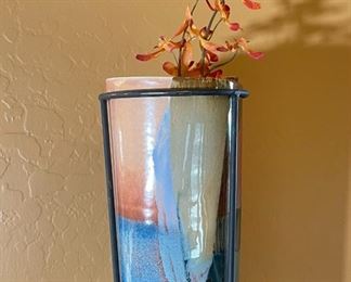 Ojo Sarco Pottery Ceramic Vase with Iron Stand Kathy Riggs and Jake Willson 19 in by 6in diameter